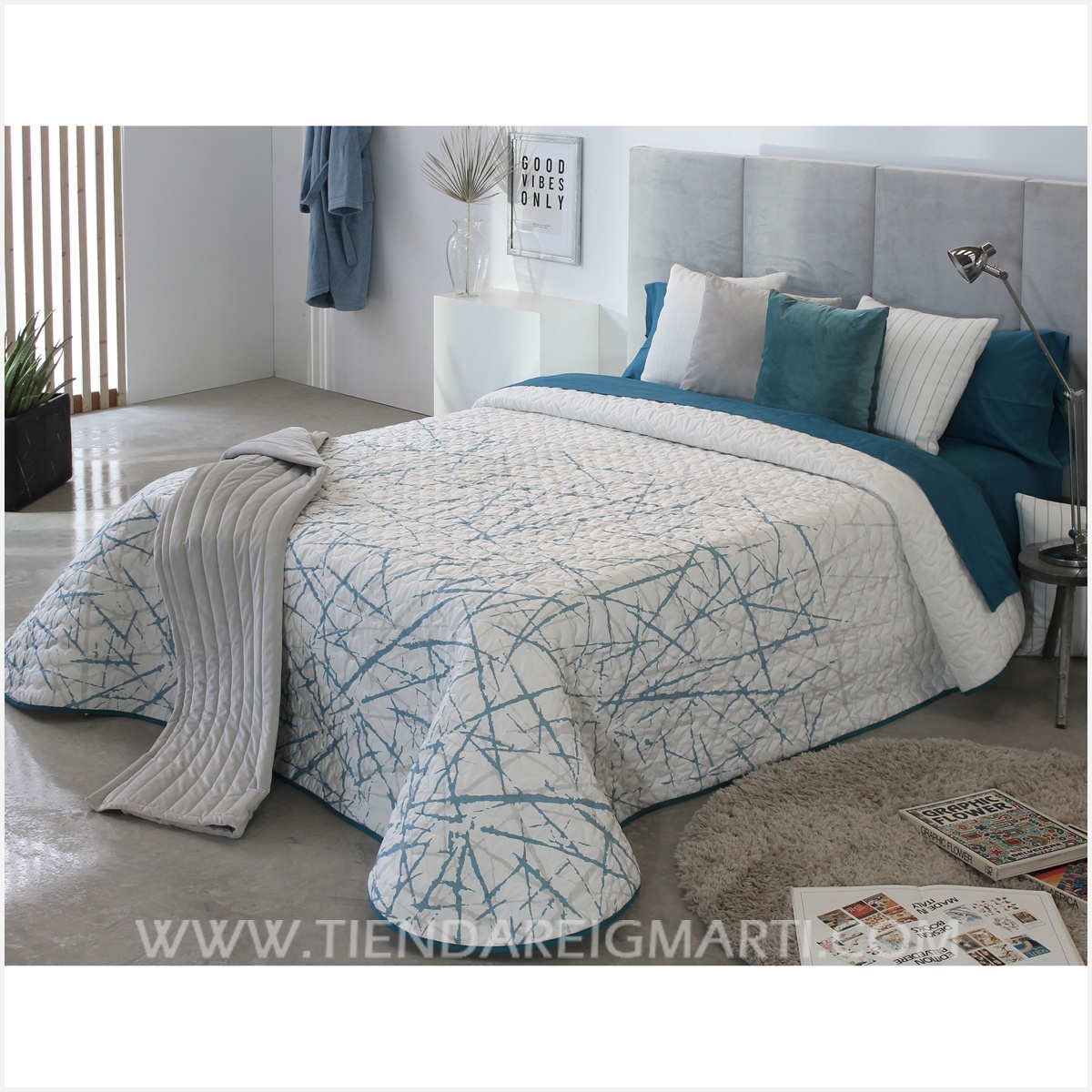 Colcha boutie acolchado fino Puy Azul